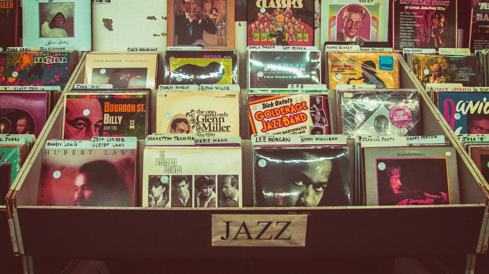 assorted Jazz record sleeve lot on rack